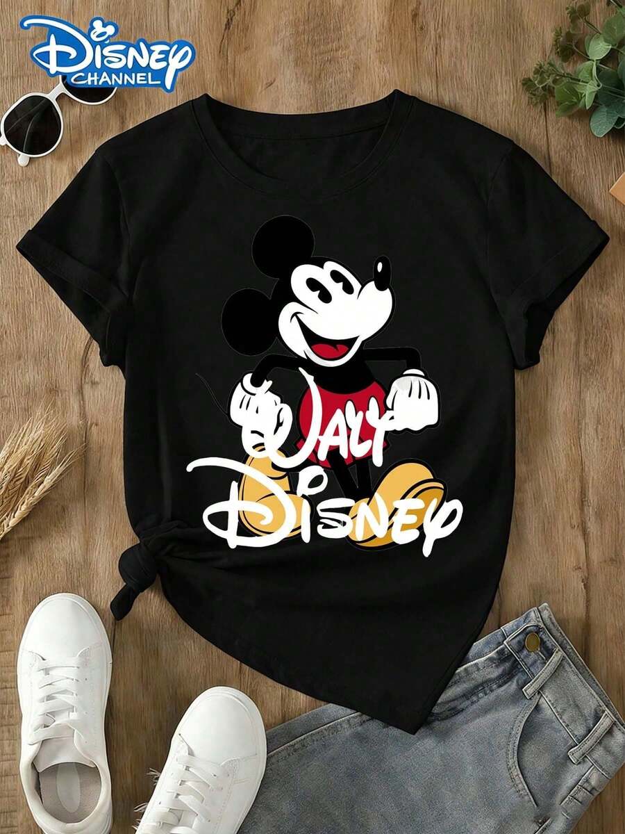Officially Licensed Disney Product. This Summer Cotton T-Shirt For Women Features Classic Smiling Mickey Mouse With Walt Disney Script Text This Style Is Suitable For Daily Wear And Is An Ideal Gift For Friends And Family. As A Women's Summer Clothing Item, It Is Comfortable To Wear, Gentle On The Skin, And Very Suitable For Outdoor Wear. - Black - View 1