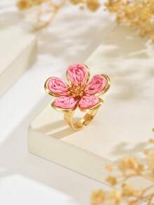 1pc Boho Summer Mori Style Handmade Rattan Woven Flower Open Ring, Macaron Multi-Color With Gold Trim 3D Petal Design, Adjustable Size Fits All, Lightweight & Comfortable, Suitable For Beach, Picnic, Music Festival, Daily Wear And Photo Shoots, Delicate Girly Accessory, Great Gift Option - Pink - View 4