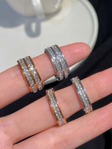1 buah Cincin Fashion Dua Baris Rhinestone Stainless Steel Zirkonia, Serbaguna untuk Pemakaian Sehari-hari dan Kencan - Gaya 2 - View 2