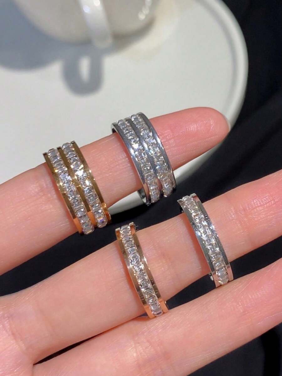 1 buah Cincin Fashion Dua Baris Rhinestone Stainless Steel Zirkonia, Serbaguna untuk Pemakaian Sehari-hari dan Kencan