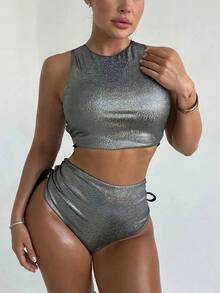 Traje de baño europeo y americano para mujer, bikini sexy con correa láser oscura, traje de baño con puntos de comercio exterior - Gris Oscuro - Ver 5