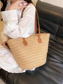 Fashionable Woven Tote Bag For Women,Large Capacity Shoulder Handbag,All-Match Commuter Outing Bucket Bag,Summer Women Bags For Vacation,Holiday, Straw Purse, Straw Beach Bag, Beach Necessities, Beach Essentials,Beach Stuff & Summer Essentials, Wicker Bag, Vacation Bag For Summer, Travel Must Haves, Fashion Summer Vacation Bag, Beach Essentials Women Bags For Vacation & Holiday - Màu Khaki - Xem 6