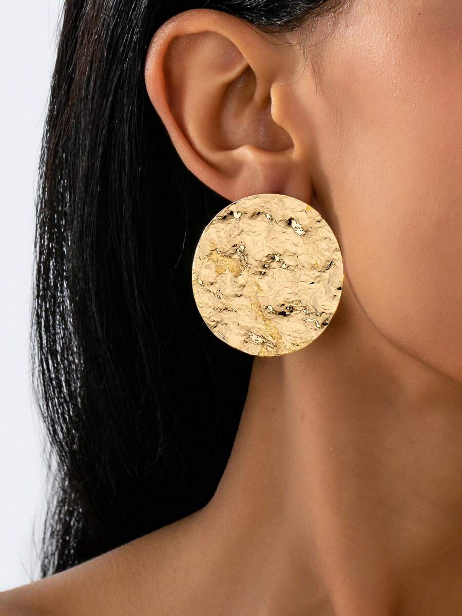 1 Pair Women's Fashion Earrings, Minimalist Elegant Geometric Circle Hammered Texture Earrings, Suitable For Daily Wear, Vacation And Gifting - Circular Hammering Pattern - View 1