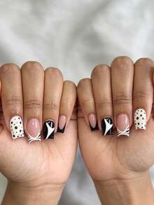 24pcs Summer Short Square Elegant Nail Stickers, Polka Dot, Leopard Print, Glossy French Manicure, Fashion Versatile Wear For Dates, Parties, Spring/Summer, Suitable For Women & Girls, Autumn/Winter Daily Wear, Removable Press-On Nails Set With Jelly Gel And File Included, Random Jelly Gel Color - Multicolor - View 4