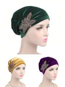 3pcs Beaded Flower Headscarf Accessories, Pleated Turban Hat, Cap, Breathable Washable Daily Headwear, Mother's Day Gift, Holiday, Festival - Color - View 12