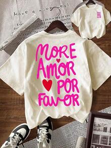 Camiseta Casual de Manga Corta con Cuello Redondo para Mujer, con Estampado de Corazón y Lema - Albaricoque - Ver 1