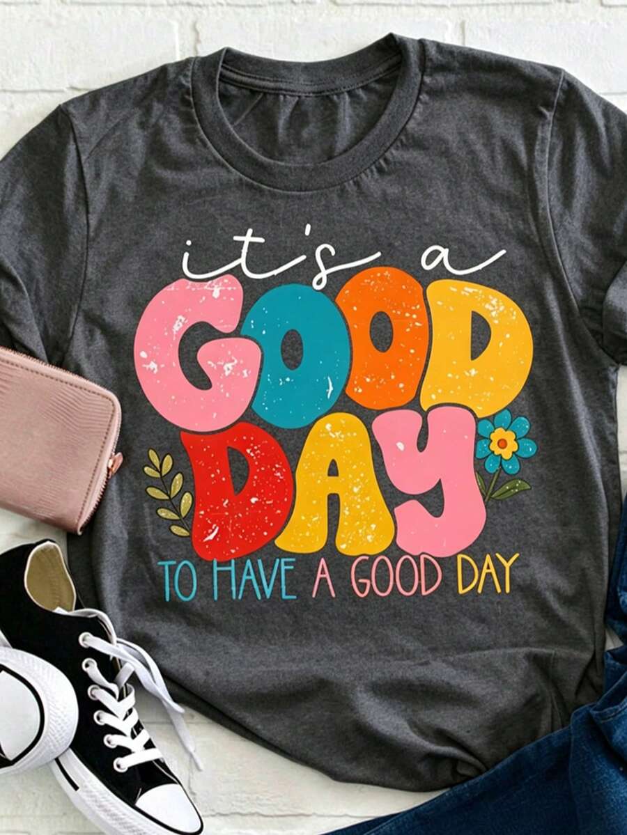 Women's Positive Motivational Slogan T-Shirt | Printed Text "Live Every Beautiful Day To The Fullest", Decorated With Colorful Fonts And Floral Patter - 灰色 - 查看 1