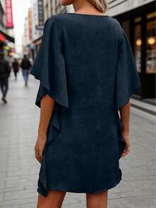 Plus Size Women Elegant Ruffle V-Neck Solid Color Mini Dress, Summer - Navy Blue - View 3