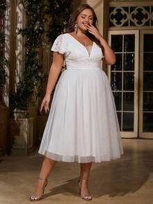 Women Plus Size Solid Color Romantic Elegant Lace Applique Ruffle Sleeve V-Neck A-Line Semi Formal Party Dress For Bridal Event Bachelorette Wedding - White - View 7