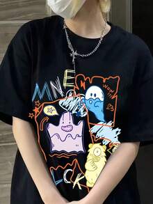 Una camiseta de manga corta divertida con letras impresas, de estilo americano, 100% pura, de corte holgado, nueva para primavera y verano, en color negro. - Negro - Ver 3