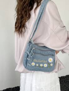 Mini Fashionable Floral Embroidered Jeans Multi-Pocket Crossbody Bag – Versatile Women's Shoulder Bag, Small Jeans Bag, Mom Bag With Adjustable Strap - Blue - View 6