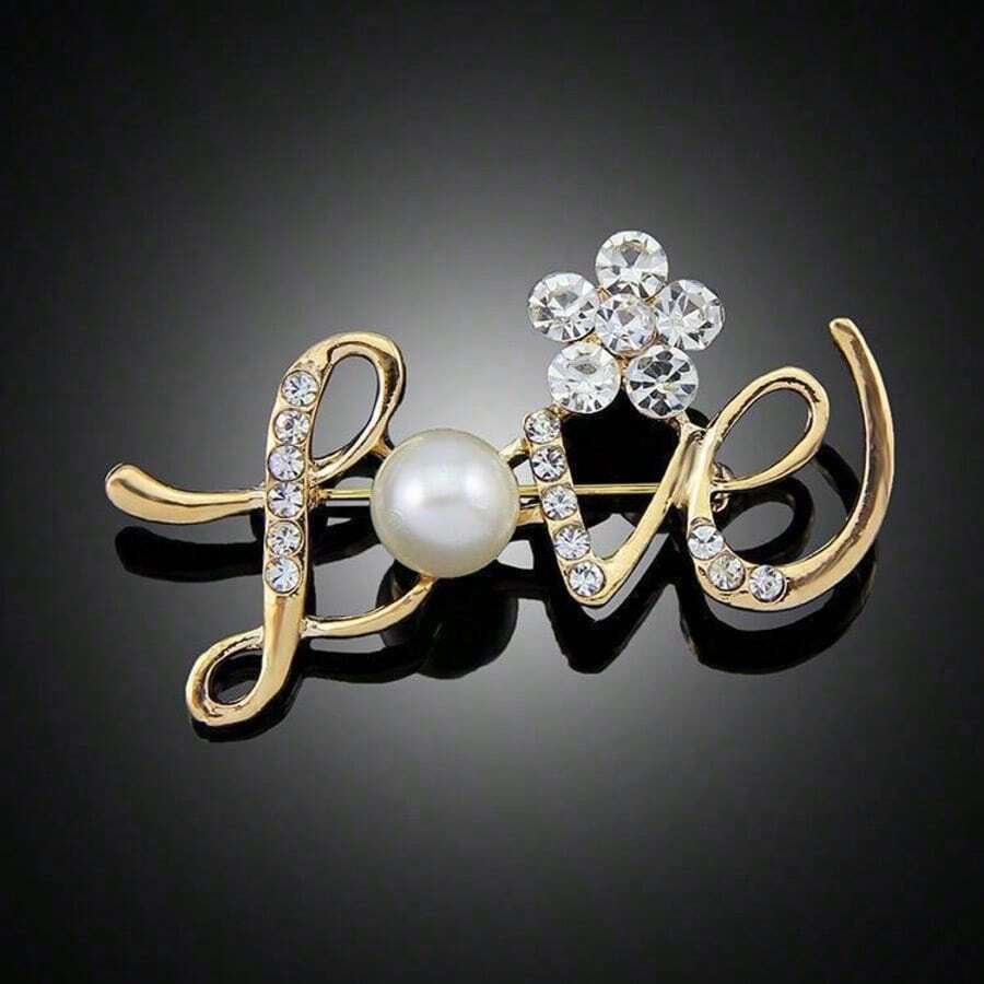 1pc LOVE Letter Brooch Rhinestone Pearl Flower Pin Brooch Chest Ornament - Multicolor - View 1