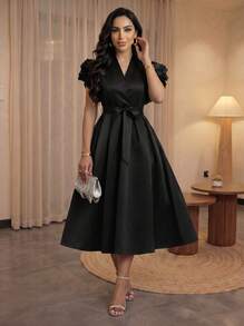 SHEIN Lady Women's Elegant Black V-Neck Ruffle Sleeve Pleated Mid-Length Dress - Black - View 3