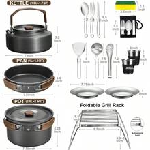 18Pcs Camping Cookware Mess Kit, 8u201D Nonstick Camp Cooking Utensil Set Pot, Pan, Kettle, Grill Grate Outdoor Backpacking Gear Open Fire Essentials Accessories, Compact/Portable/Lightweight - Silver - View 5