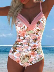 Traje de baño de una pieza con tirantes de espagueti y estampado floral para mujer de talla grande, traje de baño sexy con mayor cobertura en la Bottom, nuevo estilo de playa para vacaciones de verano - Multicolor - Ver 1