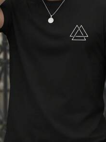 Stylish Basic Short-Sleeve Men's T-Shirt With Triangle Street Print, Breathable Fabric - 黑色 - 查看 2