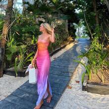 Vestido Sexy sin tirantes con estampado degradado para mujer, Vestidos hasta el tobillo con envoltura en el pecho, moda de playa, verano - Colores Mezclados - Ver 4