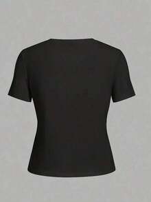 Camiseta de mujer de manga corta casual de verano con letras para mujeres MRRP - Negro - Ver 3