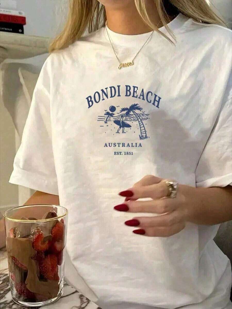1 camiseta de mujer, camiseta de manga corta de verano para mujer, estilo casual y holgado, con estampado de la playa Bondi de Australia, para uso diario y urbano. Camisetas con estampados, camisetas vintage, 100% algodón (tallas S-3XL). Camiseta de manga corta con cuello redondo estampada, mangas cortas estampadas, verano, muy adecuada para uso diario. - Blanco - Ver 1