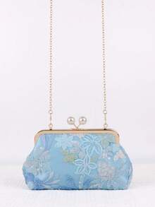 Bolsa Clutch Feminina Assimétrica com Lantejoulas e Estampa Floral, Bolsa de Festa Leve Adequada para Festas, Casamentos, Bailes e Banquetes, Presente Perfeito para Madrinhas - Azul bebê - Visão 7