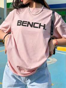 Áo thun in chữ BENCH, áo thun in họa tiết tối giản, áo tay ngắn phong cách đường phố thường ngày, áo thiết yếu mùa hè. - Hồng - Xem 4