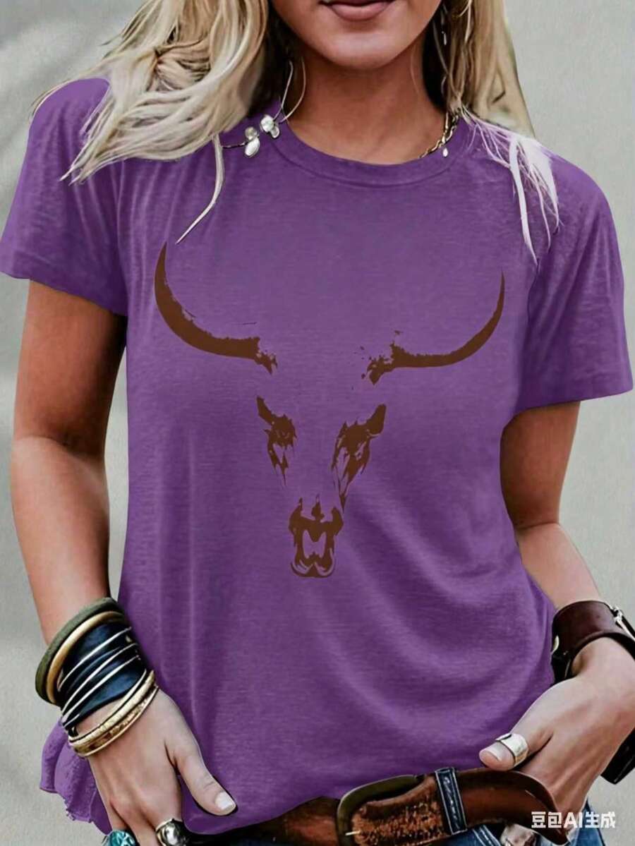 Bullhead Pattern T-Shirt - A Cutting-Edge Choice For Festival Enthusiasts And Bohemian Style Lovers - Fashionable Cowgirl Vibe - Soft Pure Cotton Material New Casual T-Shirts For Men And Women - 紫色 - 查看 1