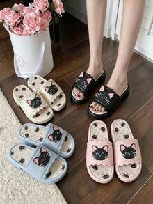 1 Pair Personalized Casual Soft Bottom Slippers, Cute Black Cat Pattern, Suitable For Indoor And Outdoor Wear, Summer Style, Runs Small - Women's Slippers - View 30