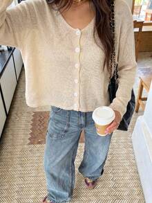Áo khoác cardigan nữ kiểu retro thanh lịch, cổ tròn, tay dài, cài nút, màu trơn, thích hợp cho mùa hè, xuân, đi nghỉ mát, đi biển, hẹn hò. - Màu be - Xem 1
