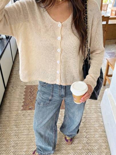 Áo khoác cardigan nữ kiểu retro thanh lịch, cổ tròn, tay dài, cài nút, màu trơn, thích hợp cho mùa hè, xuân, đi nghỉ mát, đi biển, hẹn hò.