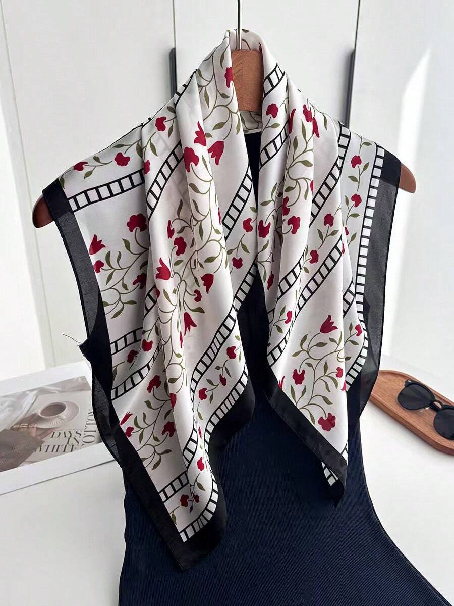 1 chiếc khăn quàng cổ/khăn choàng kiểu bandana bằng lụa giả, in họa tiết hoa nhí. - Nhiều màu - Xem 1