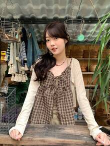 Set 2pcs Gaya Korea: Atasan Tank Top Motif Kotak-kotak dengan Pita dan Tali Bahu, Koleksi Terbaru Musim Semi dan Musim Panas yang Elegan - Warna gambar - View 2