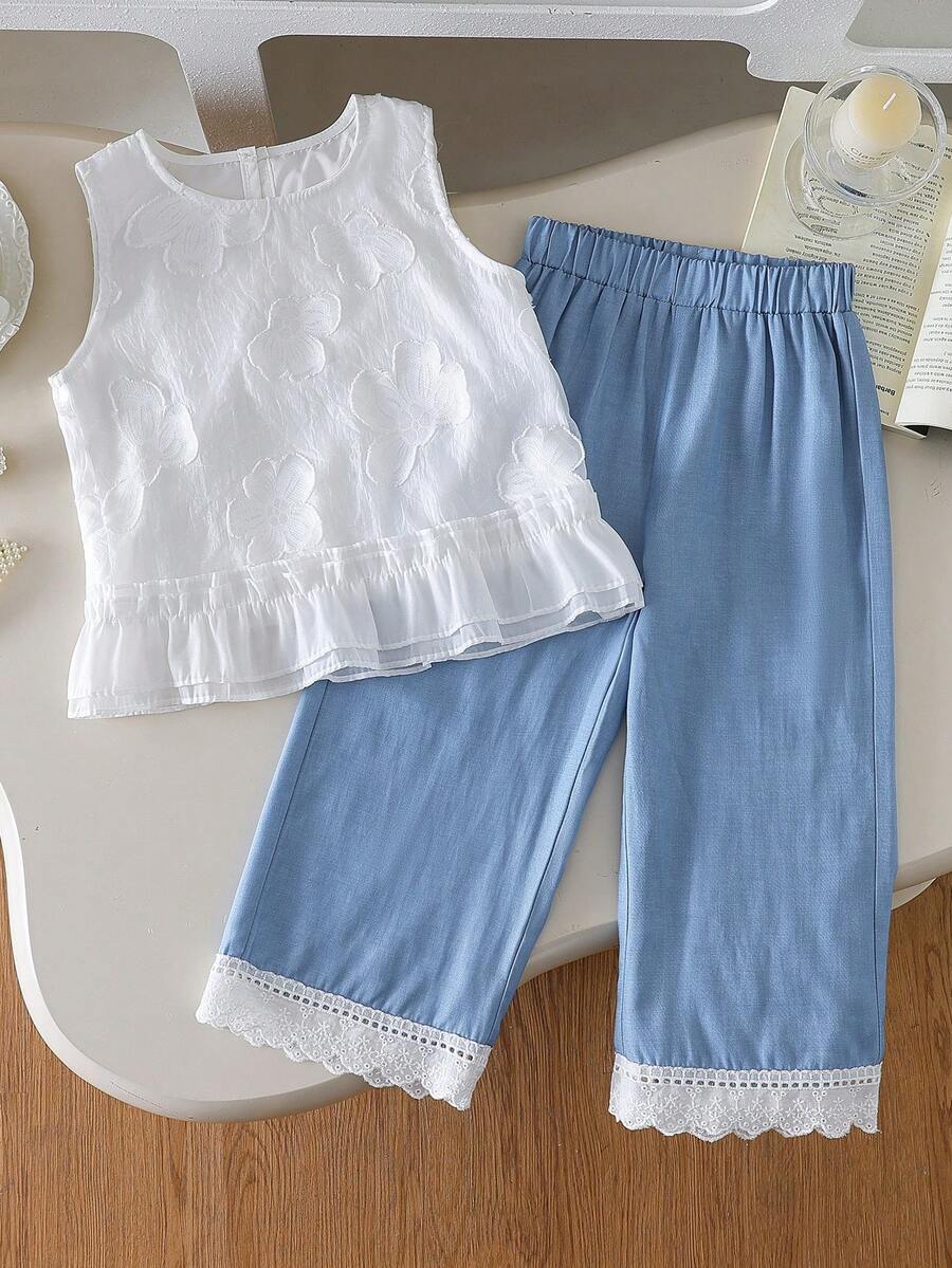 Conjunto de 2 piezas estilo etéreo y fresco para niñas, top sin mangas con jacquard 3D de verano + pantalones de pierna ancha con ribete de encaje, adecuado para la escuela, uso diario, paseos al aire libre, reuniones de té de la tarde - Blanco - Ver 1
