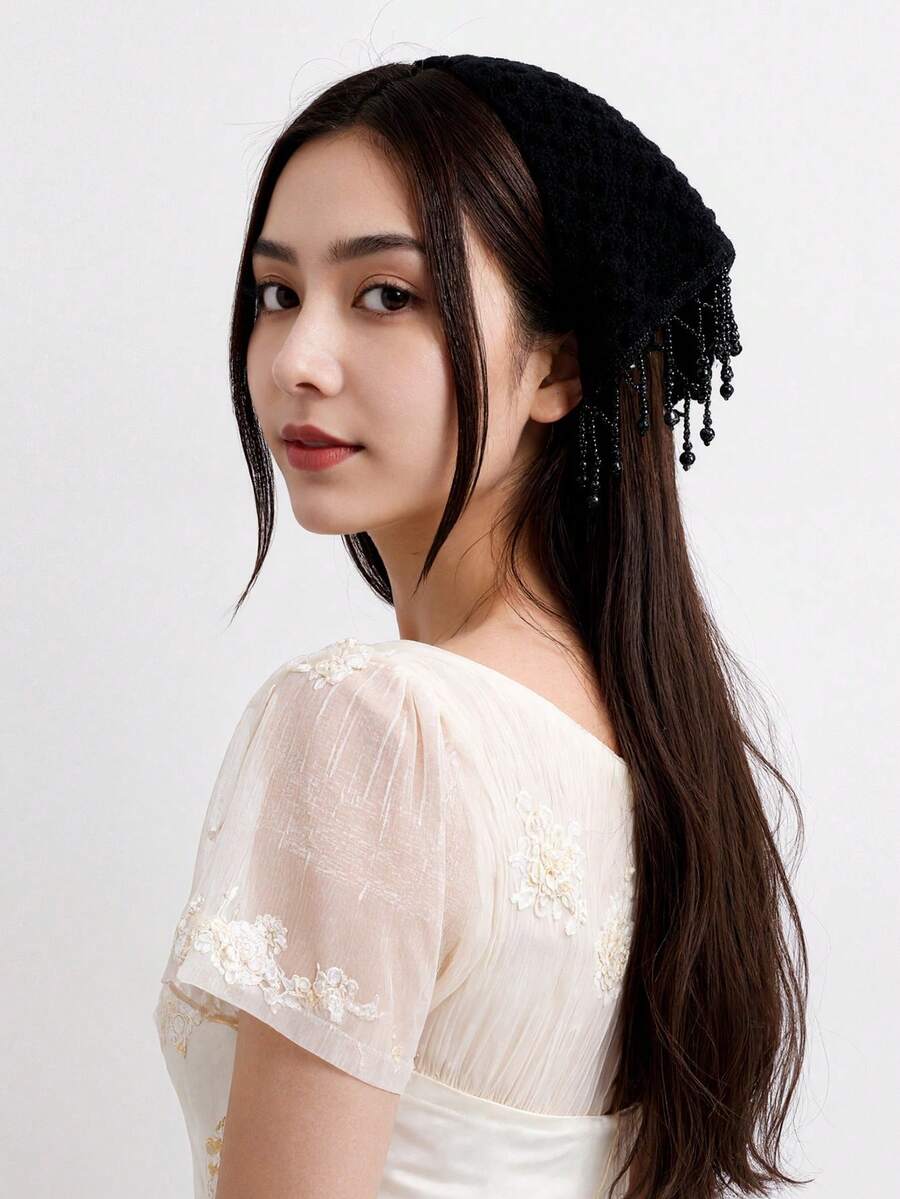 1件女款珍珠流蘇針織鏤空蕾絲髮帶，波希米亞風適合日常穿著夏季髮飾女用頭巾 - 黑色 - 查看 1