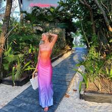 Vestido Sexy sin tirantes con estampado degradado para mujer, Vestidos hasta el tobillo con envoltura en el pecho, moda de playa, verano - Colores Mezclados - Ver 6