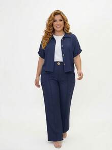 Women's Plus Size Casual Shirt And Pants Set - Navy Blue - View 5