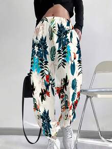 Women's Elastic Waist Ankle Cuff Joggers, Regular & Plus Size All Sizes Available, All-Match Casual Long Sports Sweatpants Tropical Floral Leaf Bird Pattern All-Season Soft & Breathable, Ideal For Home Relaxation, Fitness Training, Jogging, Shopping, Trips, Street Looks And Everyday Outfits - 混合色 - 查看 1