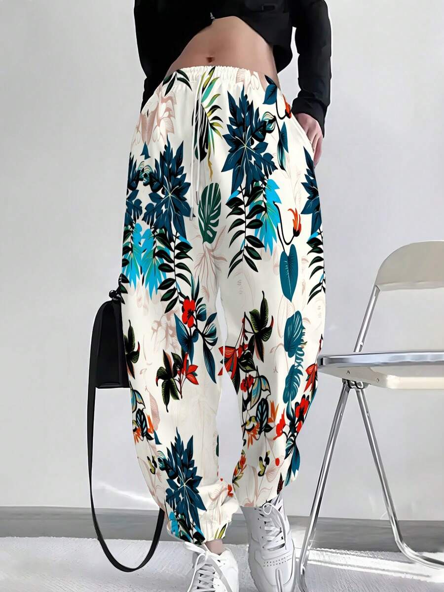Women's Elastic Waist Ankle Cuff Joggers, Regular & Plus Size All Sizes Available, All-Match Casual Long Sports Sweatpants Tropical Floral Leaf Bird Pattern All-Season Soft & Breathable, Ideal For Home Relaxation, Fitness Training, Jogging, Shopping, Trips, Street Looks And Everyday Outfits - 混合色 - 查看 1