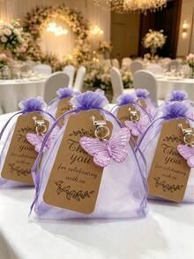 This Butterfly Shaped Keychain Gift Set Includes Acrylic Keychain, Brown Thank You Card, And Purple Organza Pouch, Suitable For Weddings And Parties - Multicolor - View 8