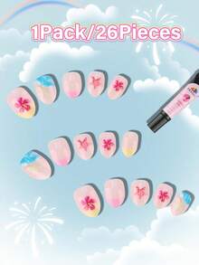 24pcs EBANKU Children's Colorful Short Nail Stickers, Beach Style, Suitable For 6-10 Years Old Girls - Multicolor - View 3