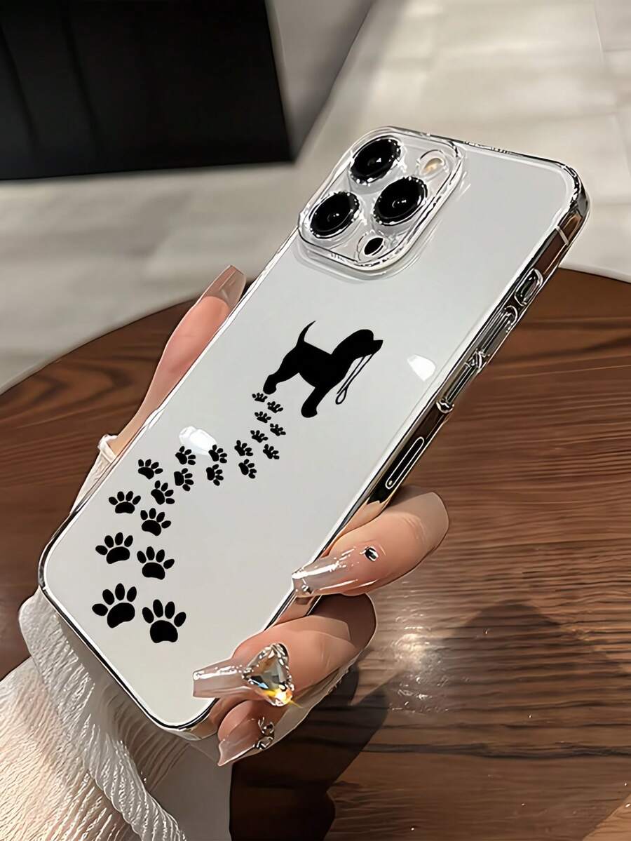 1pc Transparent Leash Black Dog Paw Print Minimalist TPU Shockproof Phone Case, Compatible With Apple 17, 16, 15, 14, 13, 12, 11 Pro Max, Air, And Series - Multicolor - View 1