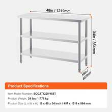 VEVOR Stainless Steel Food Prep Table, 18 X 48 X 34 Inch Commercial Kitchen Worktable, With 2 Adjustable Undershelf, Heavy Duty Prep Table Metal Work Table For BBQ, Kitchen, Home, And Garage - 18 X 48 X 34 Inches, 2 Adjustable Undershelf - View 7
