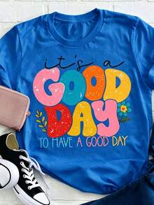 Women's Positive Motivational Slogan T-Shirt | Printed Text "Live Every Beautiful Day To The Fullest", Decorated With Colorful Fonts And Floral Patter - 藍色 - 查看 7