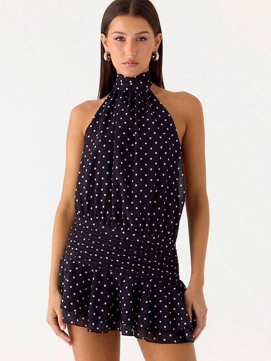 Women's Pleated Waist Sheer Mesh Ruffle Mini Dress Summer Casual Halter Neck High Neck Bodycon Short Dress Self-Tie Backless Sundress Party Clubwear - F9897-Black Dots - 查看 1