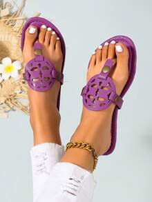 Ximi Ruo Sandalias planas de estilo coreano casual, de punta abierta, sandalias romanas tejidas para mujeres, adecuadas para primavera, verano, playa, vacaciones, combinables con vestidos, color marrón - Morado - Ver 3