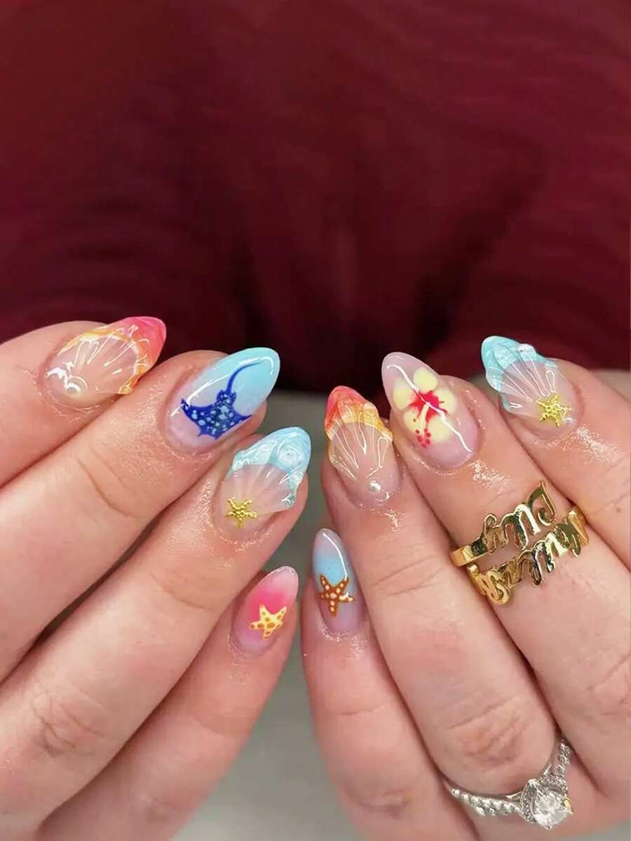 24片杏仁形貝殼與海星手繪可穿戴美甲片,粉藍漸層夏季清新風,附1個磨甲條與凝膠,適合日常通勤與約會,亮眼顯白美甲 - 彩色 - 查看 1