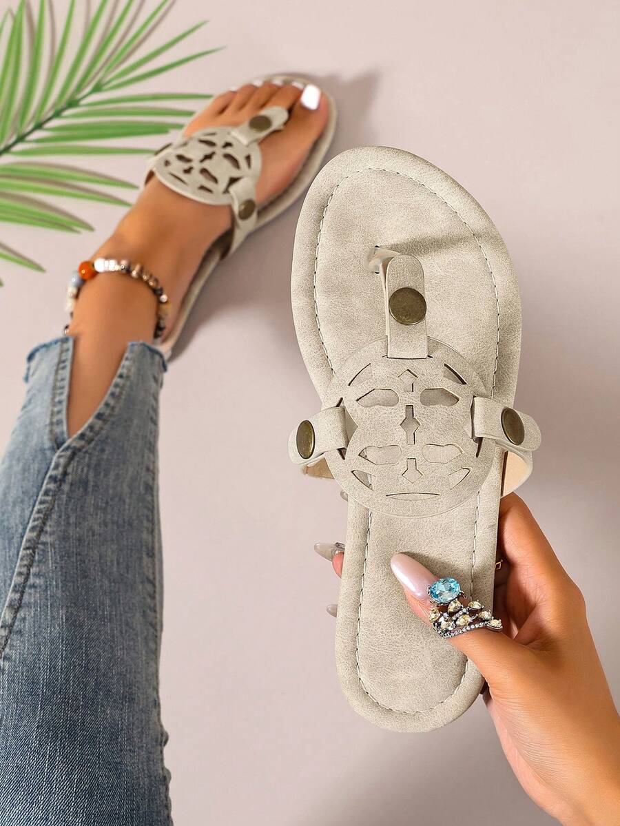 Ximi Ruo Korean Style Casual Flat Slide Sandals, Flip Flops, Open Toe, Woven Roman Style, Suitable For Spring, Summer, Beach, Vacation, Dresses, Apartment - Beige - View 1