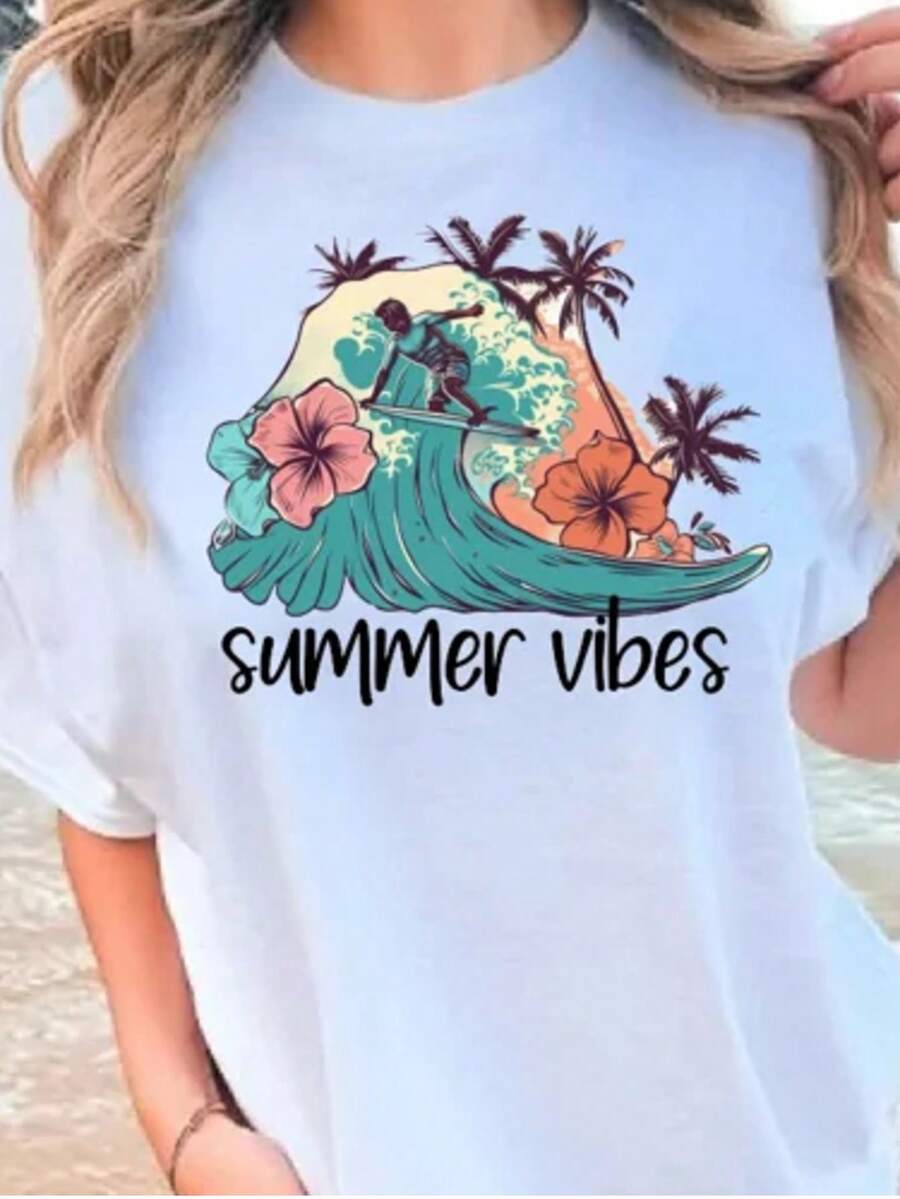 Women's Casual Cotton Round Neck Short Sleeve T Shirt With Summer Vibes Graphic Print For Everyday Wear - 白色 6 - 查看 1