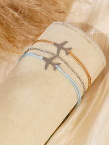 3pcs Handmade Woven Airplane Decor Couple Bracelets Set, Suitable For Daily Wear, Dating, Vacation, Party - Multicolor - View 2