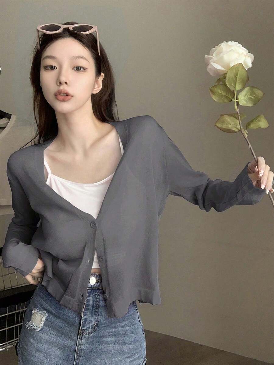 Áo khoác cardigan dệt kim dài tay cổ chữ V dáng rộng, nhẹ, thoáng khí dành cho nữ, thích hợp cho mùa xuân/hè. - Xám - Xem 1