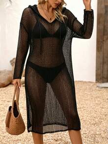 Vestido Longo de Praia com Capuz e Cordão, Cor Sólida, Sexy e Vazado, para Mulheres Plus Size, na Cor Preta - Preto - Visão 7
